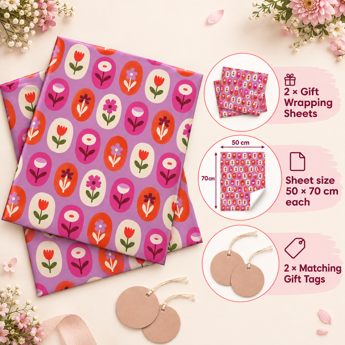 Pack of 2 Spring Tulips Design 50 x 70 cm Gift Wrap Sheets with 2 Tags - Valentine’s Mother's Day Birthdays Everyday Celebrations