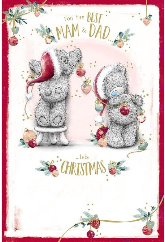 Bears With String Of Baubles Mam & Dad Christmas Card