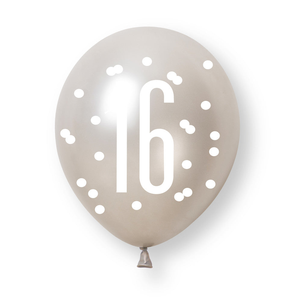 Pack of 6 Birthday Black Platinum Pearl Glitz Number 16 12" Latex Balloons