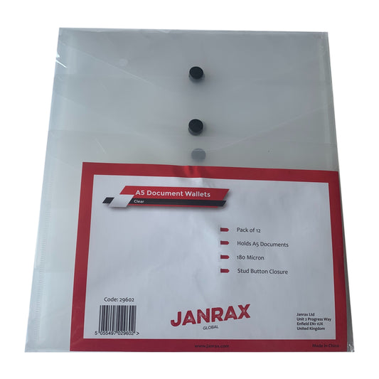Pack of 12 Janrax A5 Clear Document Wallets