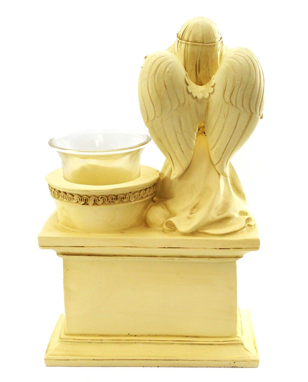 Graveside Memorial Angel Cherub Praying Kneeling with Glass T Lite Holder Cream Stone Finish - Grandma