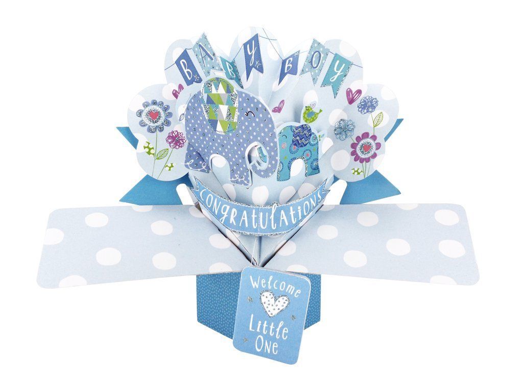 Pop Ups "Elephants" New Baby Boy Card with Blue Lettering