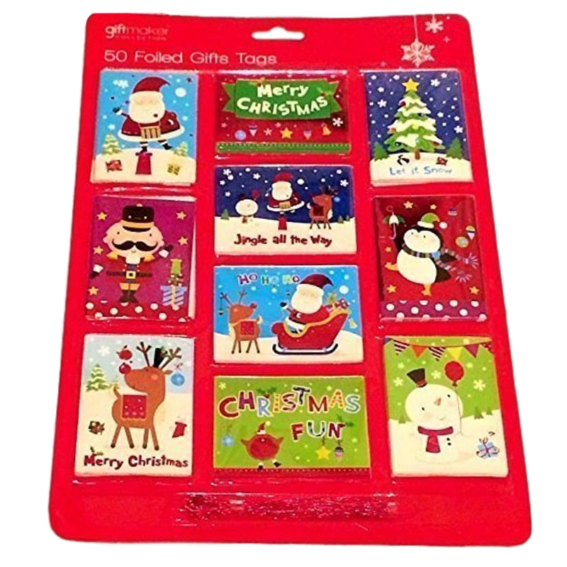 Pack of 50 Foiled Christmas Gift Tags: 10 Different Designs And Red Metallic Thread