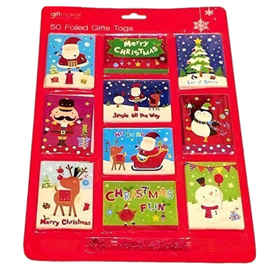 Pack of 50 Foiled Christmas Gift Tags: 10 Different Designs And Red Metallic Thread