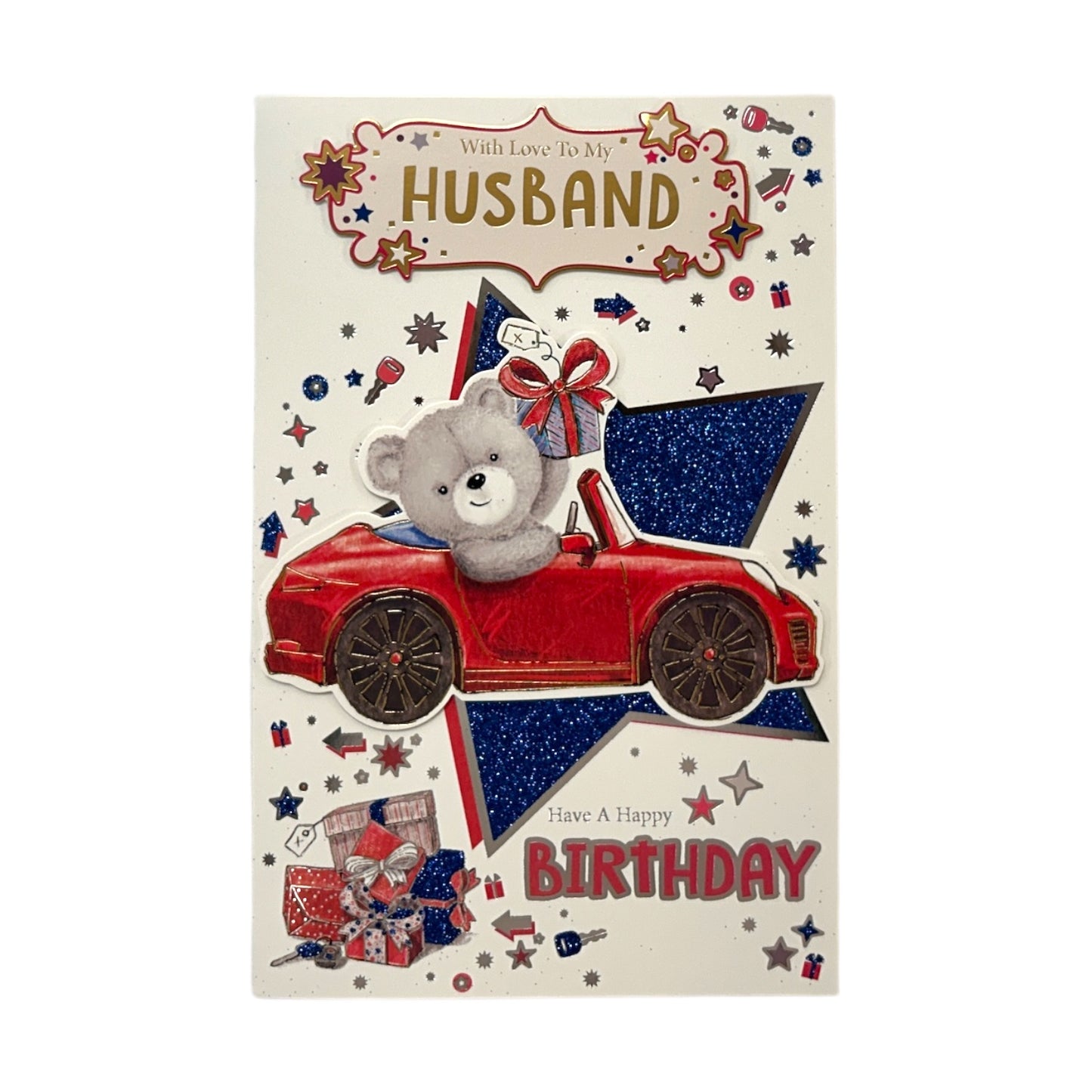 To My Husband Teddy In Red Car Design Birthday Card