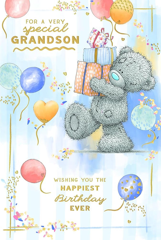 Bear With Gifts And Balloons Special Grandson Birthday Card