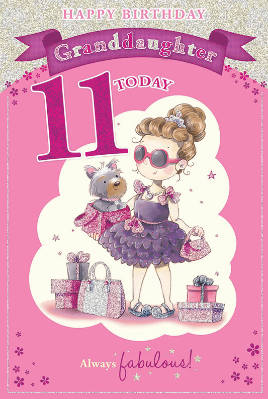 11th Today Girl & Dog With Presents Design Granddaughter Candy Club Birthday Card