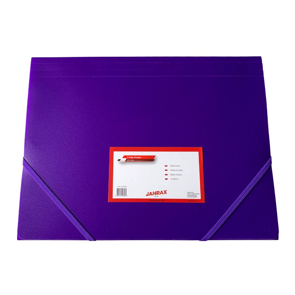 Pack of 12 A4 Purple 3 Flap Folders with Elasticated Closure