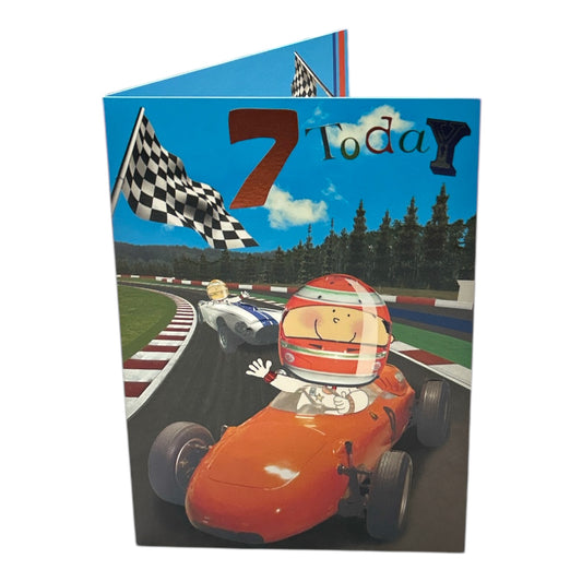 Age 7 Male Juvenile Racing Car Design Birthday Card