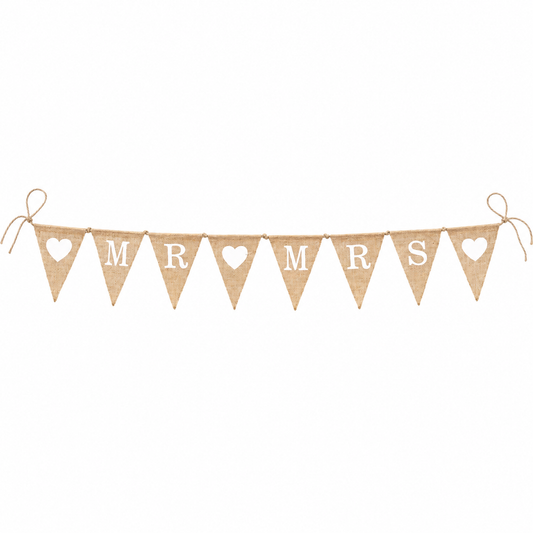 8 Pennants Mr & Mrs And Hearts Hessian Bunting