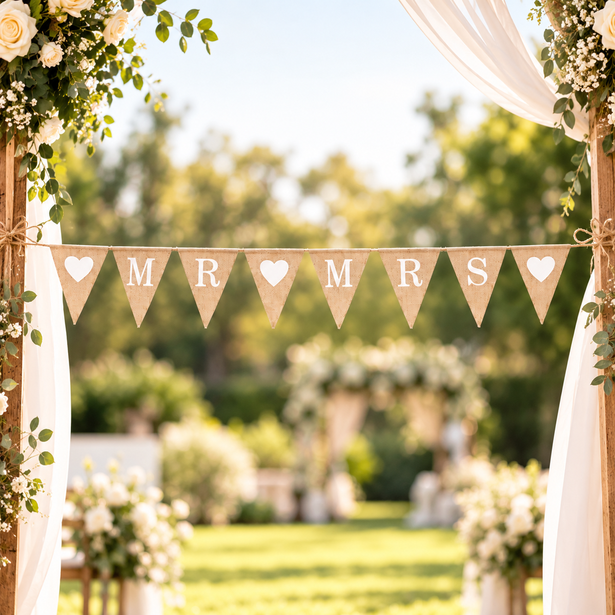 8 Pennants Mr & Mrs And Hearts Hessian Bunting