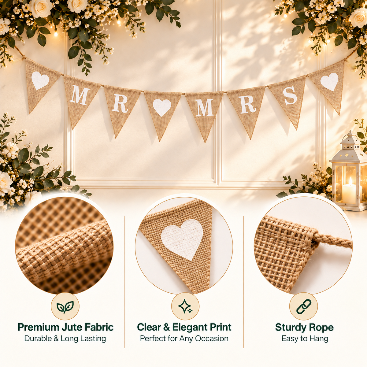 8 Pennants Mr & Mrs And Hearts Hessian Bunting