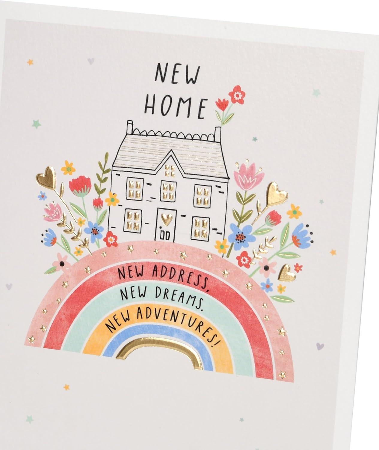 House with Flowers on Rainbow Design New Home Congratulations Card