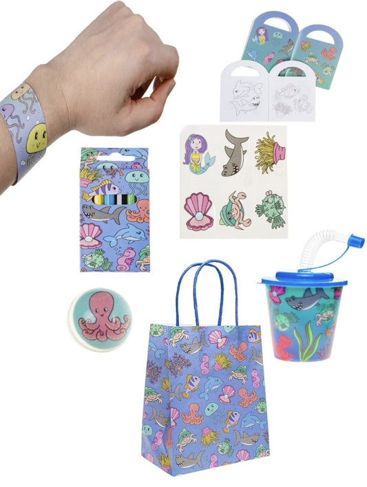Pack of 10 Pre Filled Sea Theme Kids Party Favour Bags – Gift Bags with Reusable Cup & Themed Toys