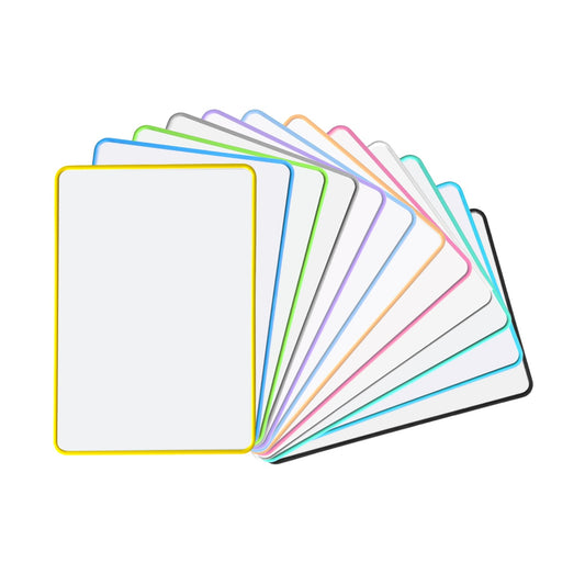 Pack of 12 A4 Double Sided Magnetic Whiteboards – Assorted Border Colours, MDF, 210x297mm