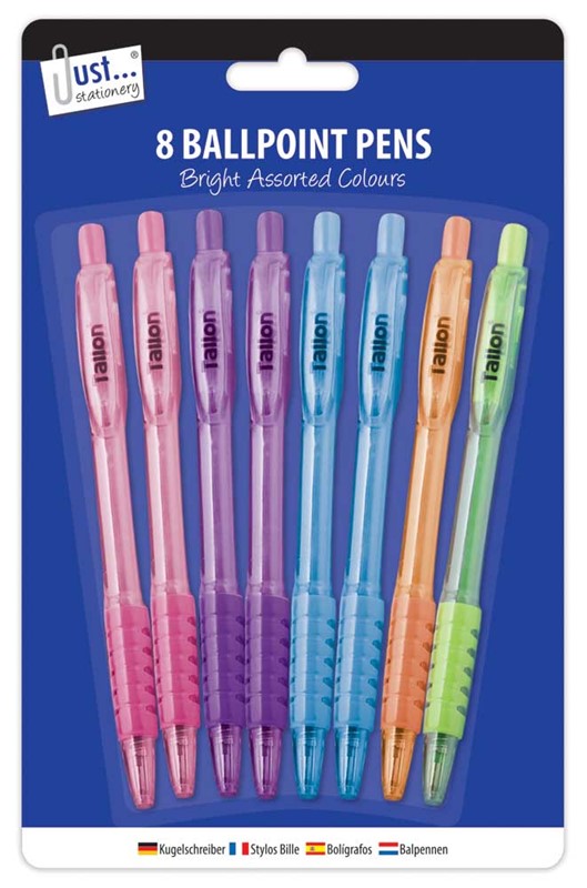 Just Stationery Ballpoint Pens - Assorted Colours (Pack of 8)