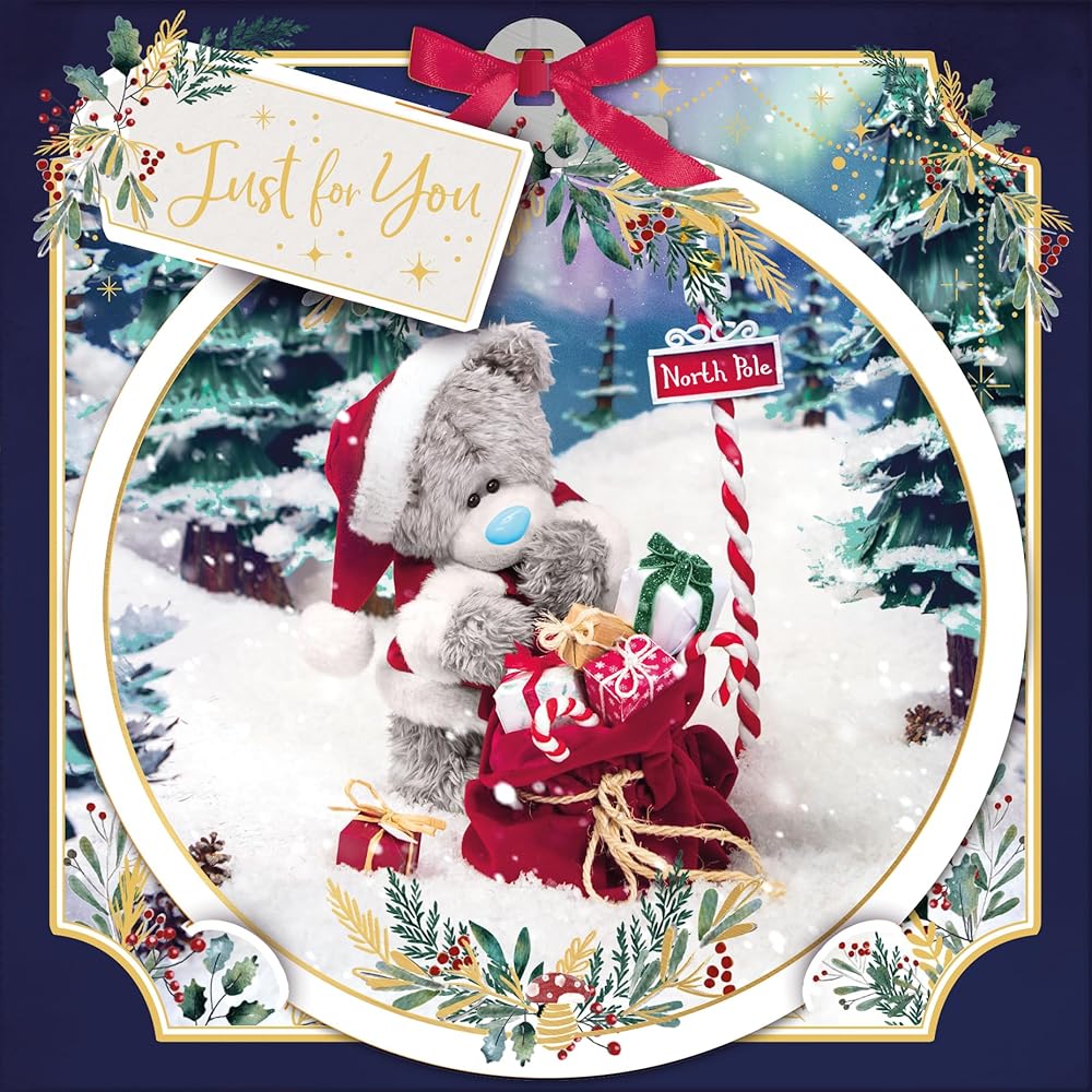 Bear And Sack Of Gifts Just For You 3D Christmas Card With Keepsake Bauble Style Plaque