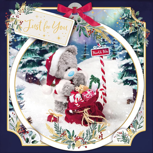 Bear And Sack Of Gifts Just For You 3D Christmas Card With Keepsake Bauble Style Plaque
