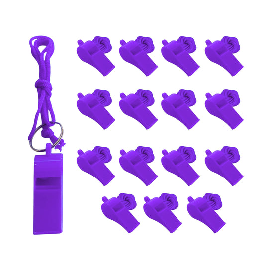 Pack of 100 Purple Plastic Whistles with Lanyard Neck Cord