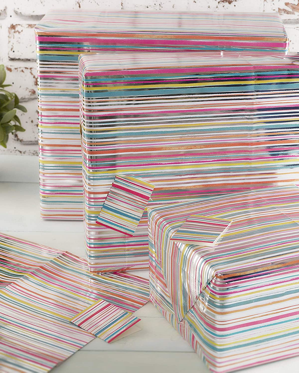 Foil Stripes Birthday or any Occasion Gift Wrapping Paper 1 Sheet & 1 Tags 