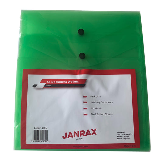 Pack of 12 Janrax A5 Green Document Wallets