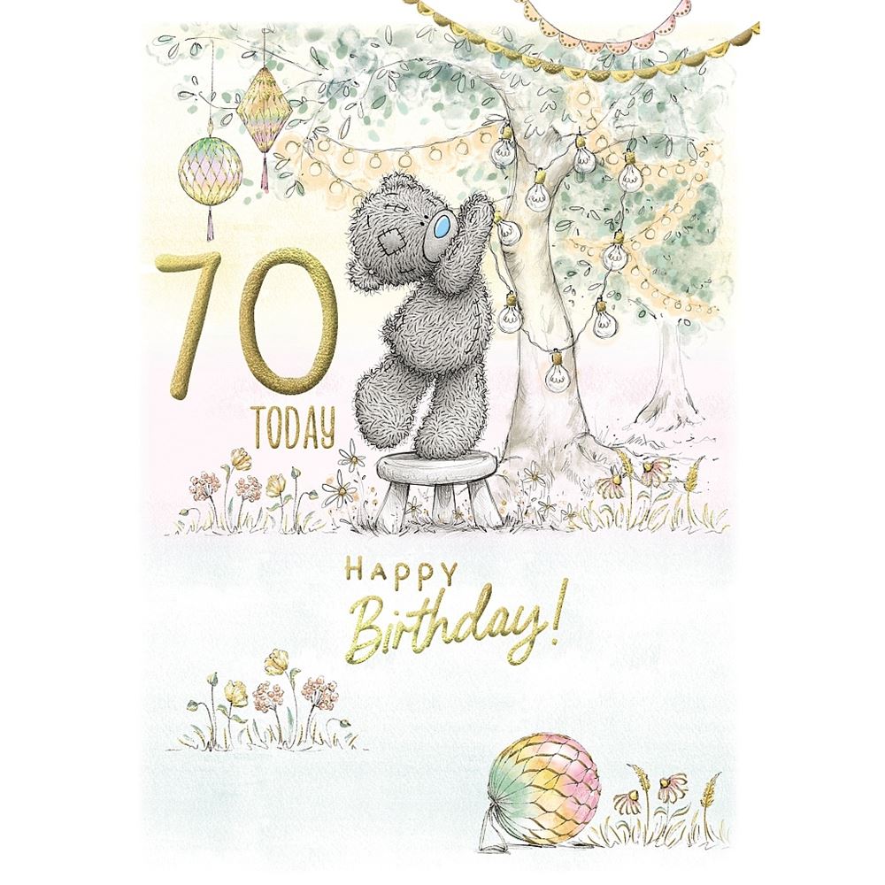 Bear Hanging Lights Around Tree 70th Birthday Card