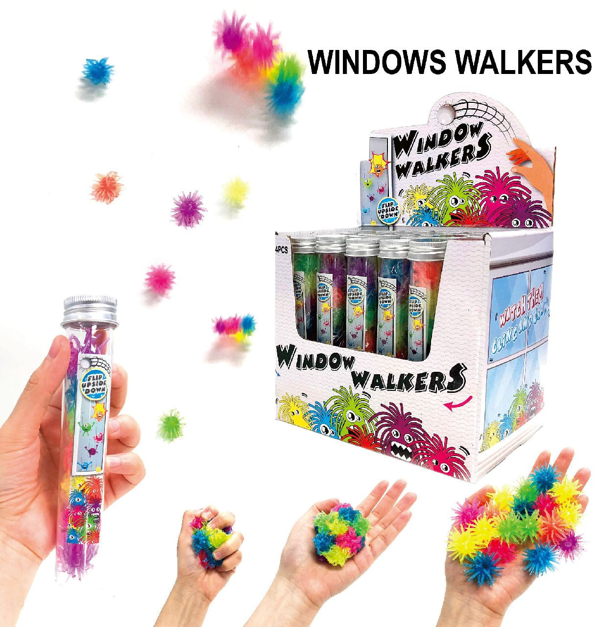 24 Tubes of 7 Whacky Window Walkers Toys