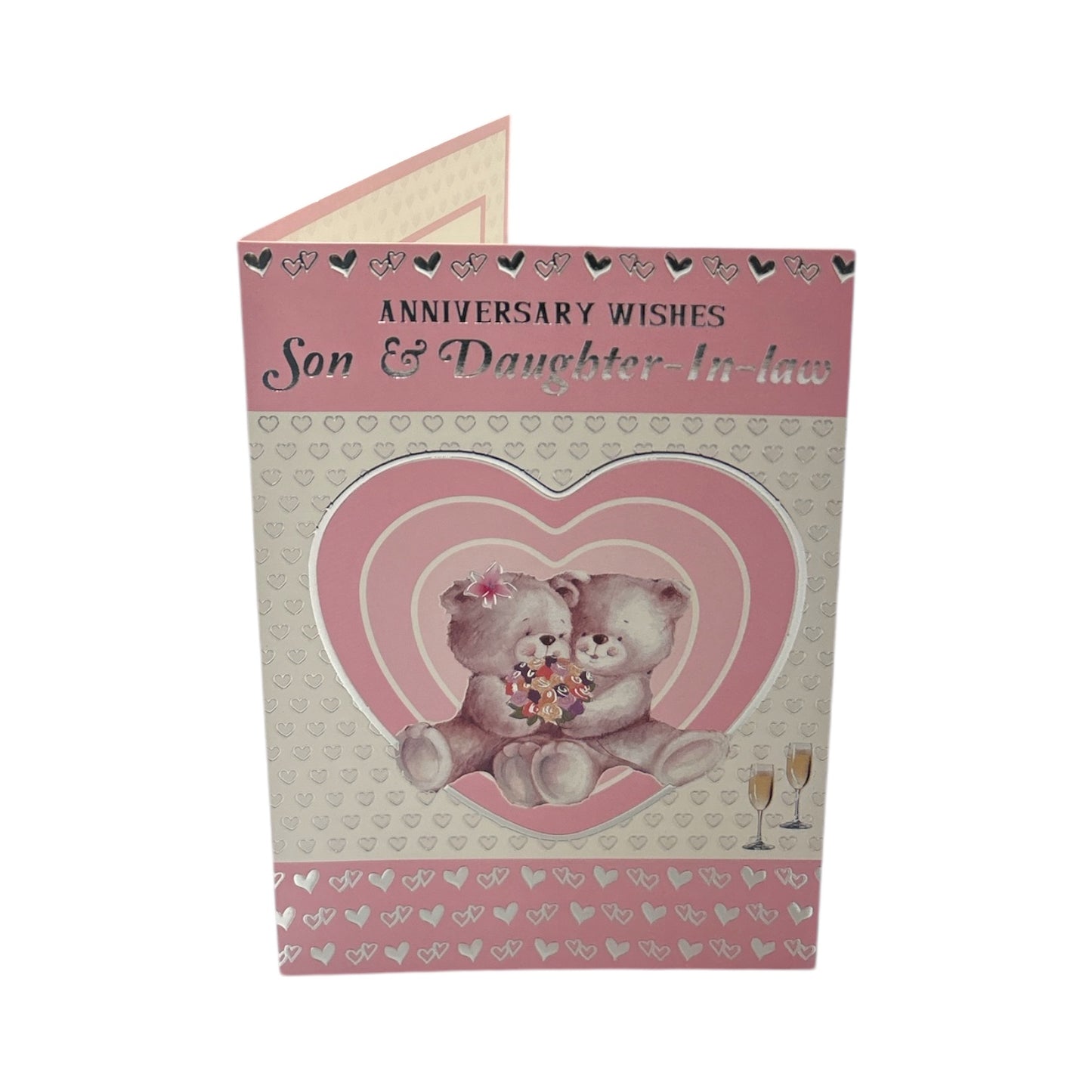 Son and Daughter-in-law Cute Teddies In Pink Heart Anniversary Card