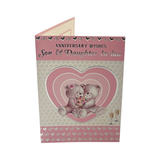 Son and Daughter-in-law Cute Teddies In Pink Heart Anniversary Card