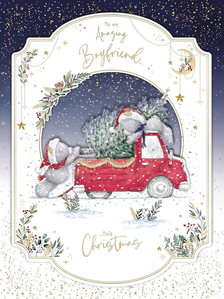 Bears With Truck And Xmas Tree Boyfriend Luxury Boxed Handmade Christmas Card