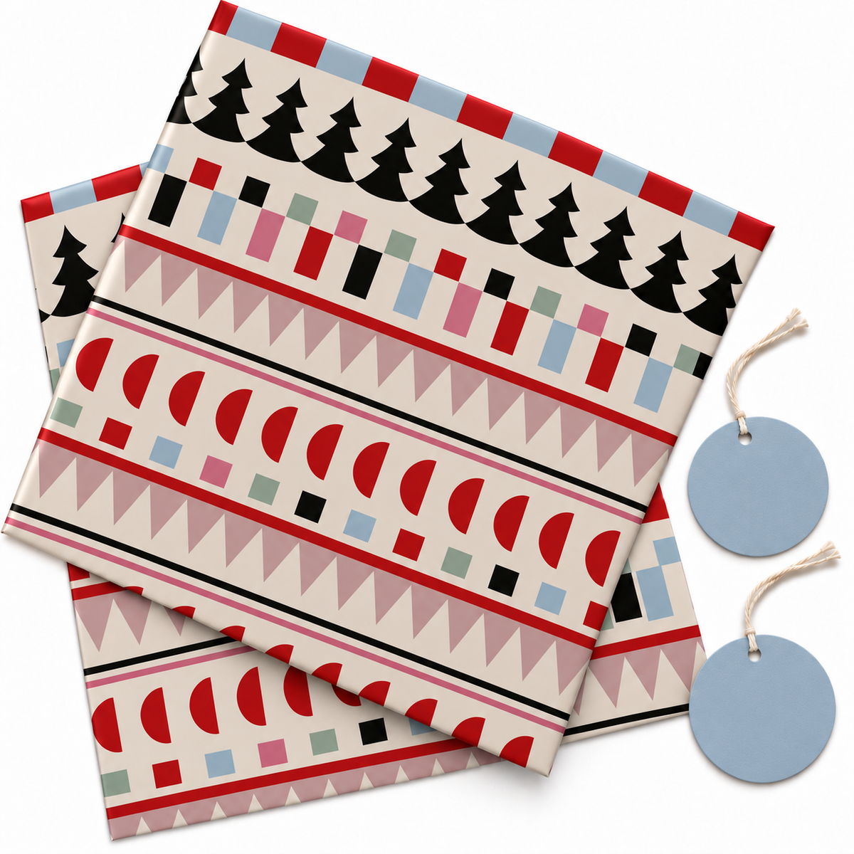 Pack of 2 Geometric Festive Design 50 x 70 cm Gift Wrap Sheets with 2 Tags - Christmas Birthdays Kids Party Holiday Gifting