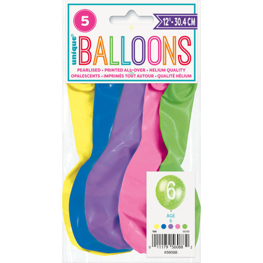 Pack of 5 Number 6 12" Latex Balloons