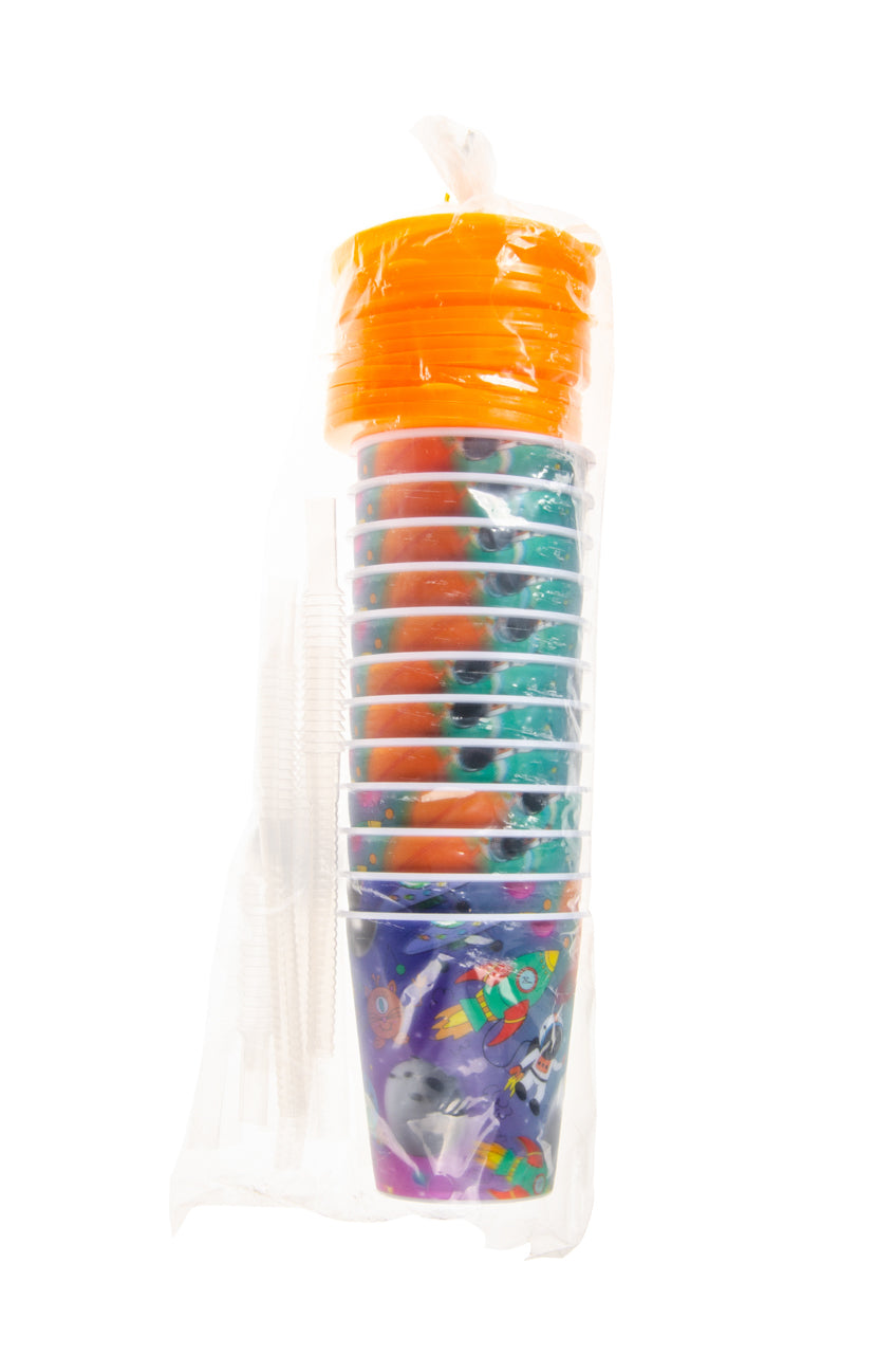 Pack of 12 Space Theme 3D Cup With Straw and Lid