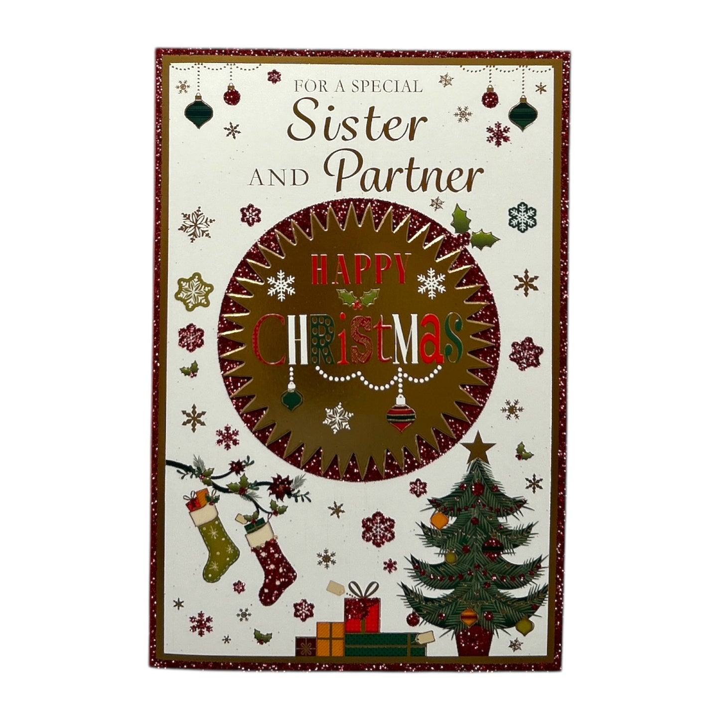 For a Special Sister and Partner Gold Frame Design Christmas Card