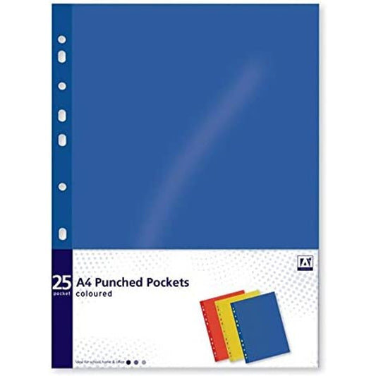 Pack of 25 A4 Coloured Punched Pockets