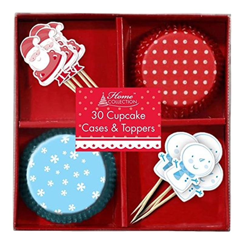 Pack of 30 Snowman And Santa Claus Christmas Cupcake Cases & Toppers