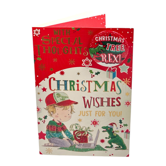 Just for You Christmas Tree Rex Dinosaur Design Christmas Card with Badge