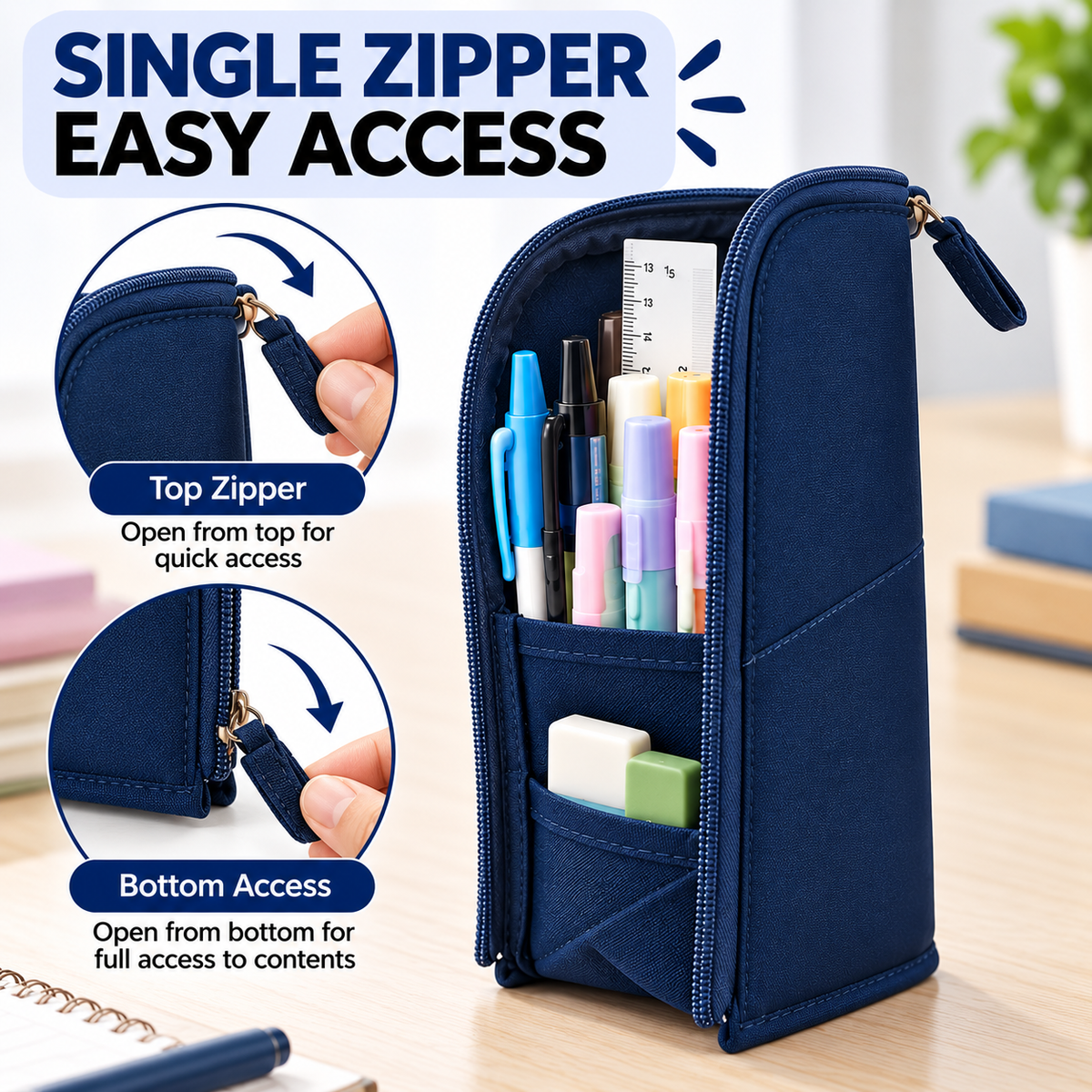 Blue Standing Zip Pencil Case 19.5 x 5 x 9cm