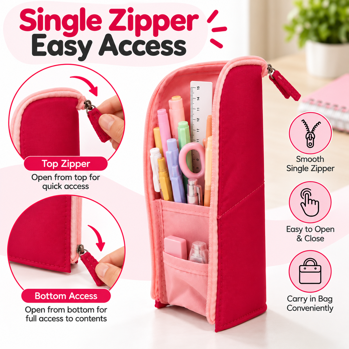 Pink Standing Zip Pencil Case 19.5 x 5 x 9cm