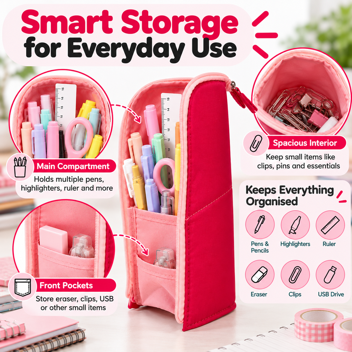 Pack of 12 Pink Standing Zip Pencil Cases 19.5 x 5 x 9cm