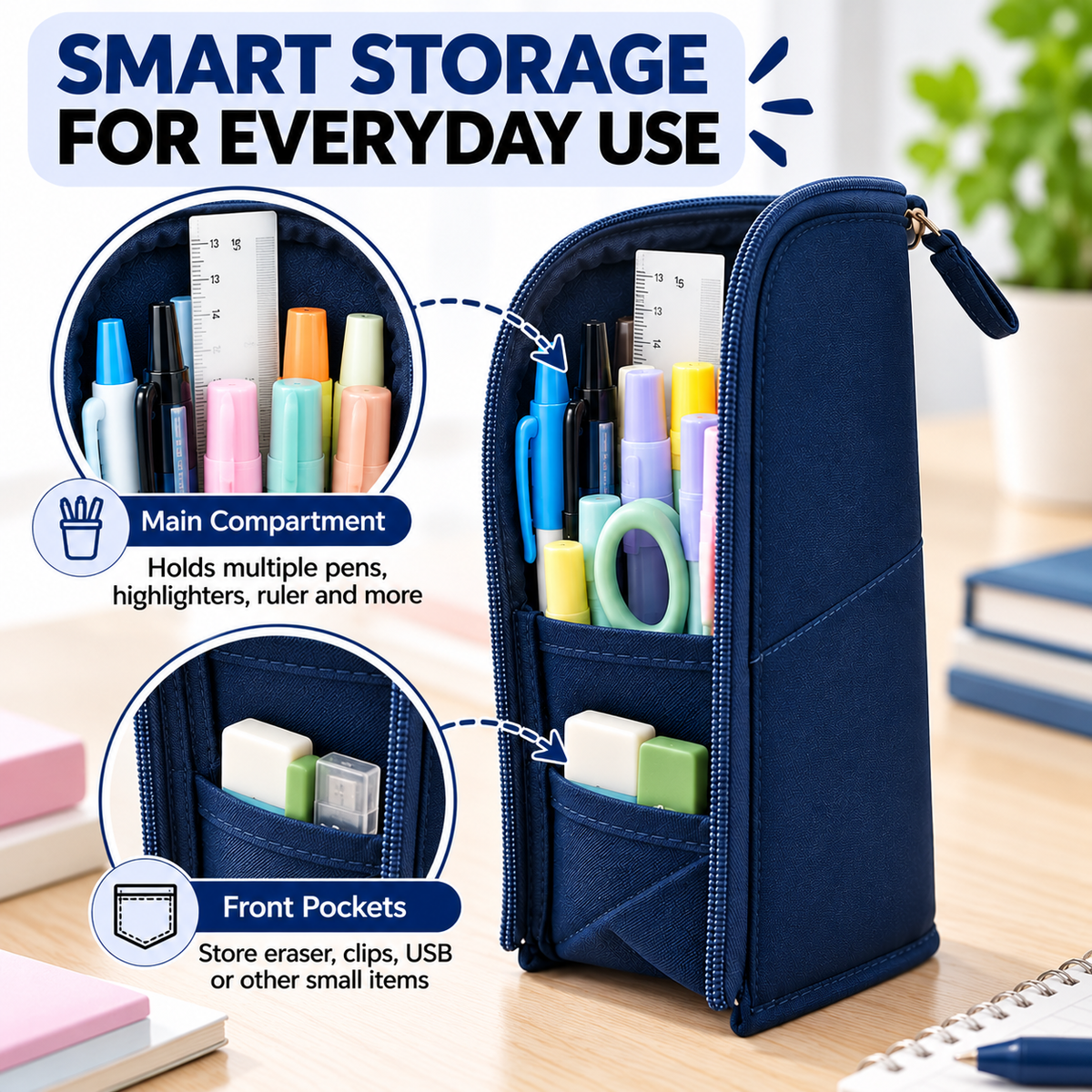 Blue Standing Zip Pencil Case 19.5 x 5 x 9cm