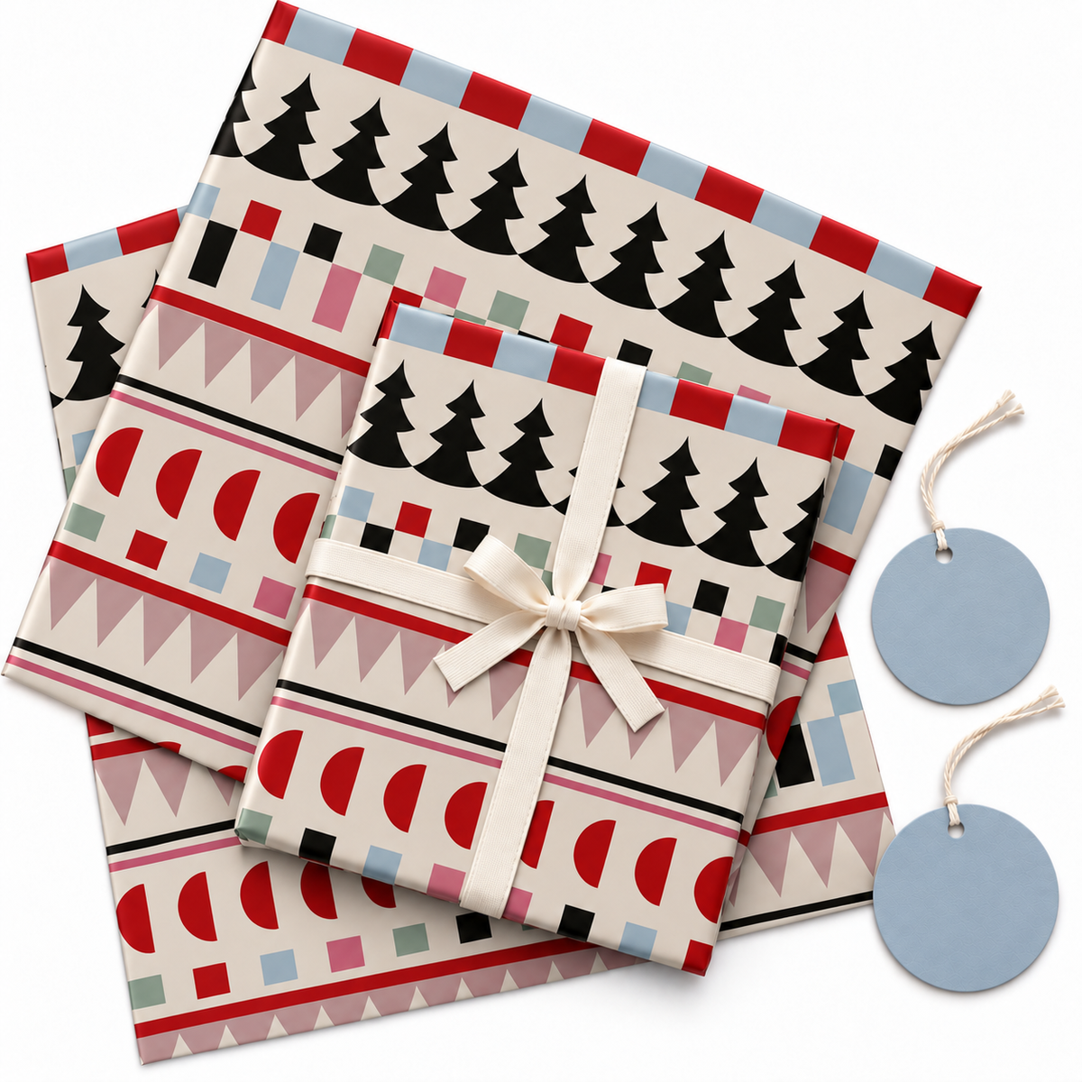 Pack of 2 Geometric Festive Design 50 x 70 cm Gift Wrap Sheets with 2 Tags - Christmas Birthdays Kids Party Holiday Gifting
