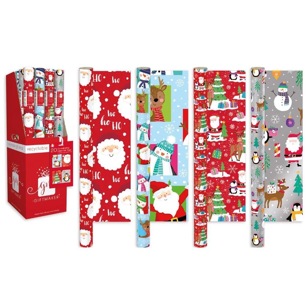 Pack of 4 Kid‑Friendly Festive Prints Christmas Wrapping Paper Rolls 7m x 69cm