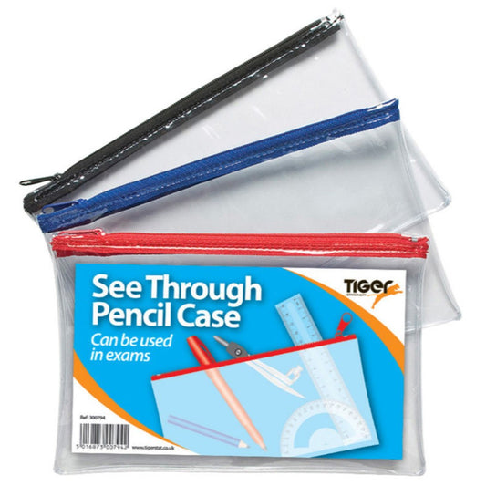 Small 8x5" Flat Clear Exam Pencil Case - Assorted Coloured Zip