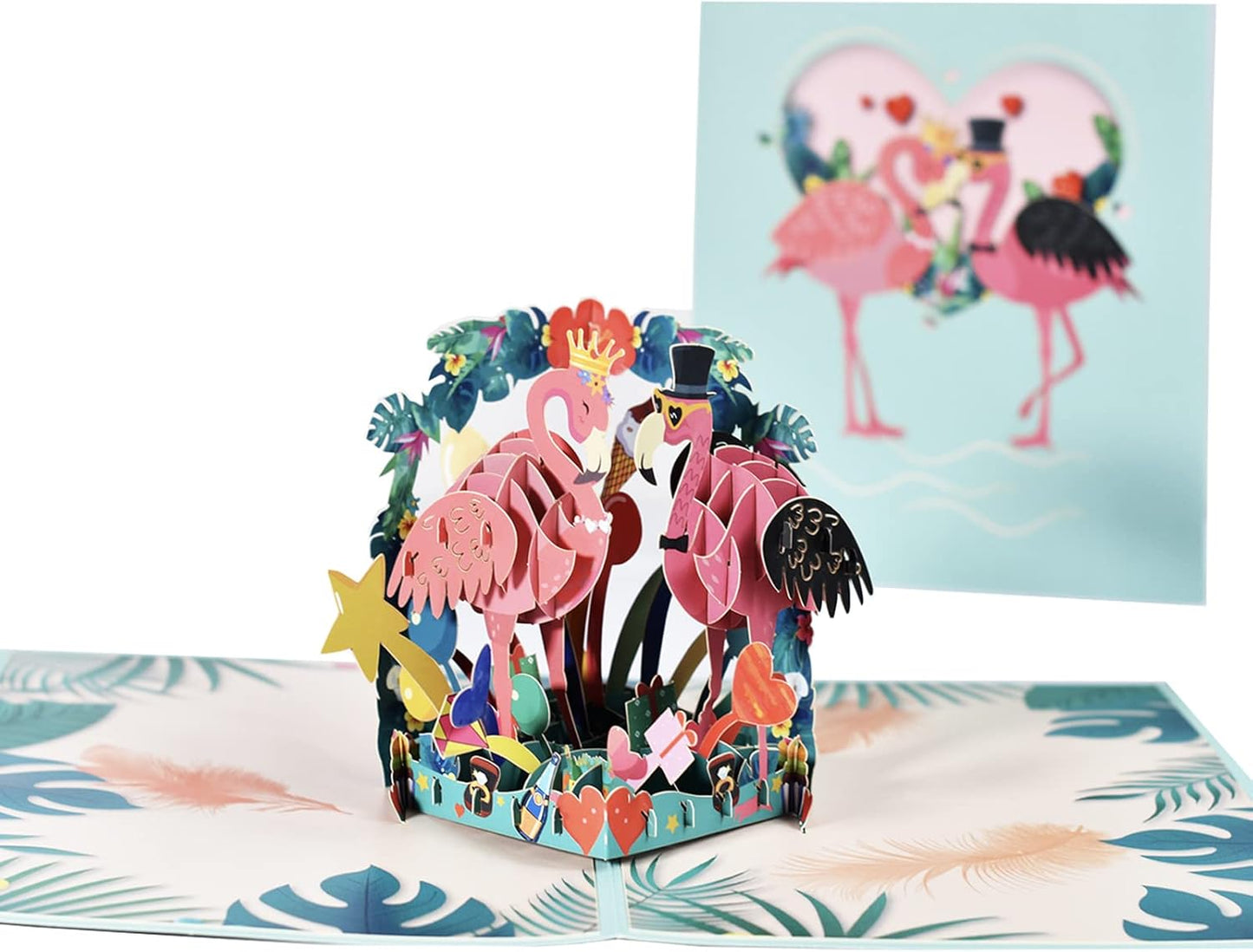 Flamingo Pair and Tropical Scene 3D Pop Up Greeting Card