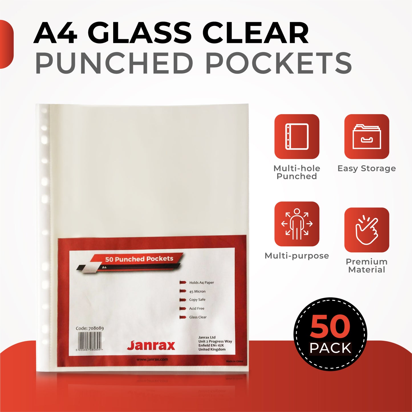 Pack of 50 A4 Glass Clear Punched Pockets by Janrax