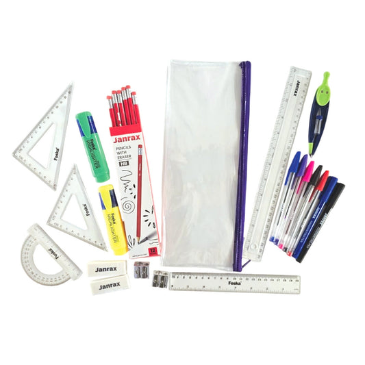 Janrax 32 Piece Student Stationery Set, Writing, Maths & Geometry Kit with Pencil Case, Pencils, Pens, Rulers, Compass & Highlighters