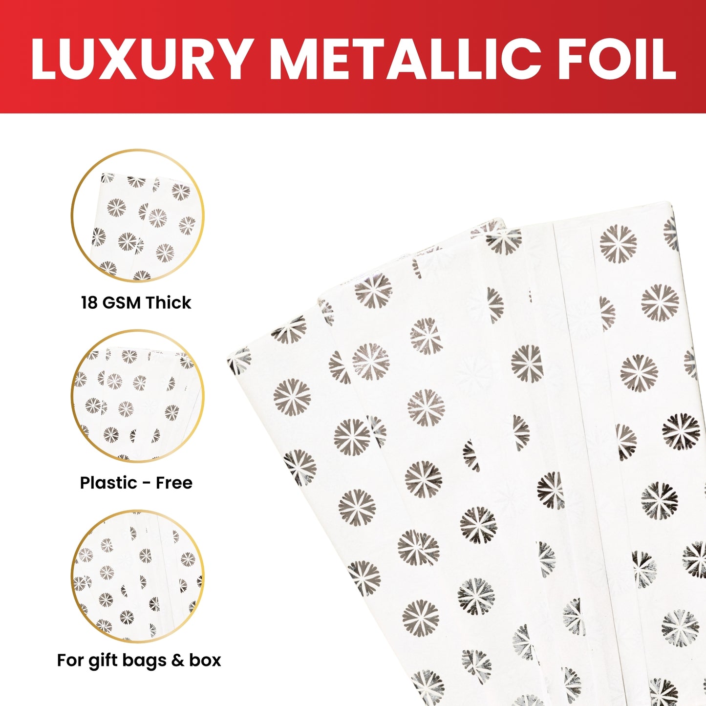 Pack of 10 Flowers Polka Luxury Silver Metallic Plastic-Free 18gsm Tissue Paper Sheets 50x70cm - Patterned Tissue Paper for Xmas, New Year, Party, Wedding, Birthday Packing Present Gift Box DIY Art Crafts