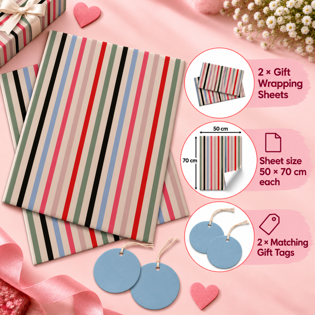 Pack of 2 Candy Stripe Parade Design 50 x 70 cm Gift Wrap Sheets with 2 Tags - Valentine’s Day Birthdays Festive Gifting