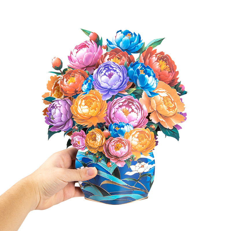 Colorful Grace Peony Bouquet in Blue Vase 3D Pop Up Greeting Card - Birthday Anniversary Mother's Valentine's Day